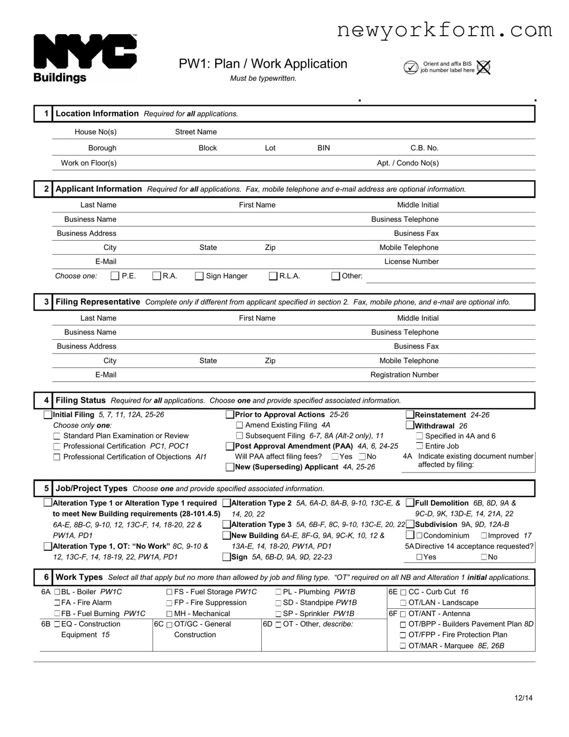 Free Nyc Buildings Pw1 Form in PDF
