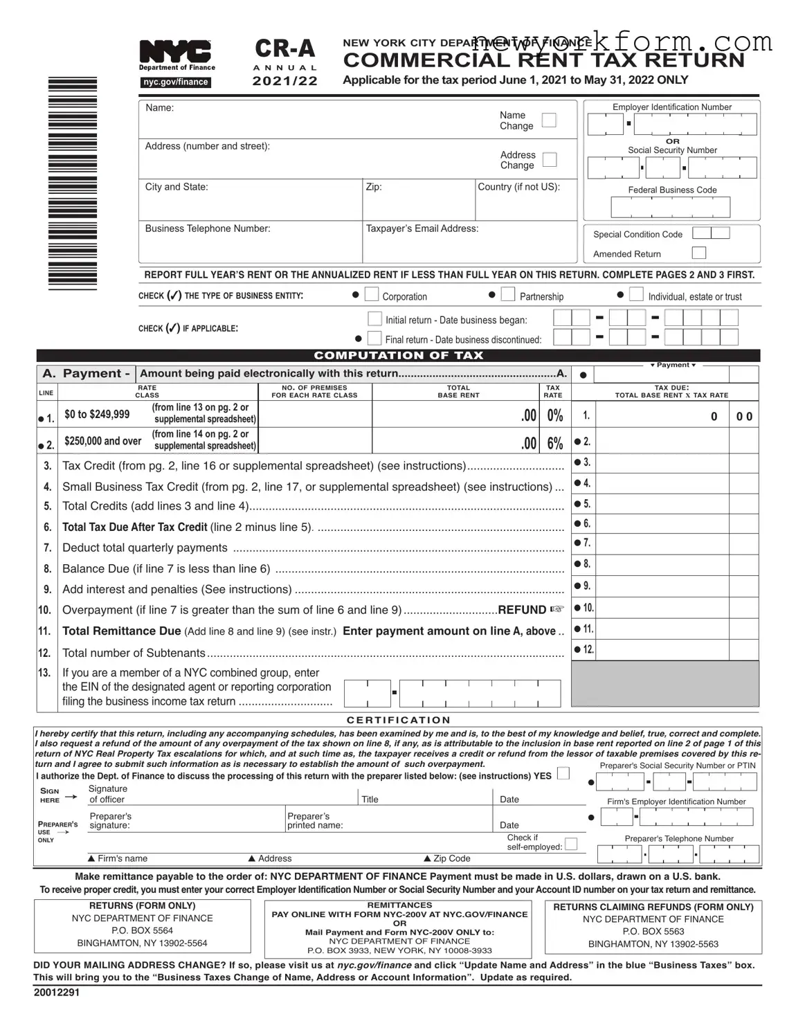 Free Nyc Commercial Rents Tax Return Form in PDF