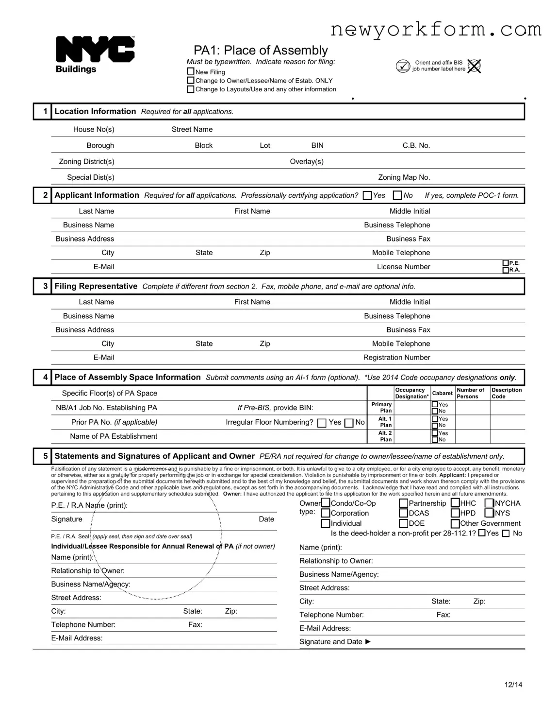 Free Nyc Pa1 Form in PDF