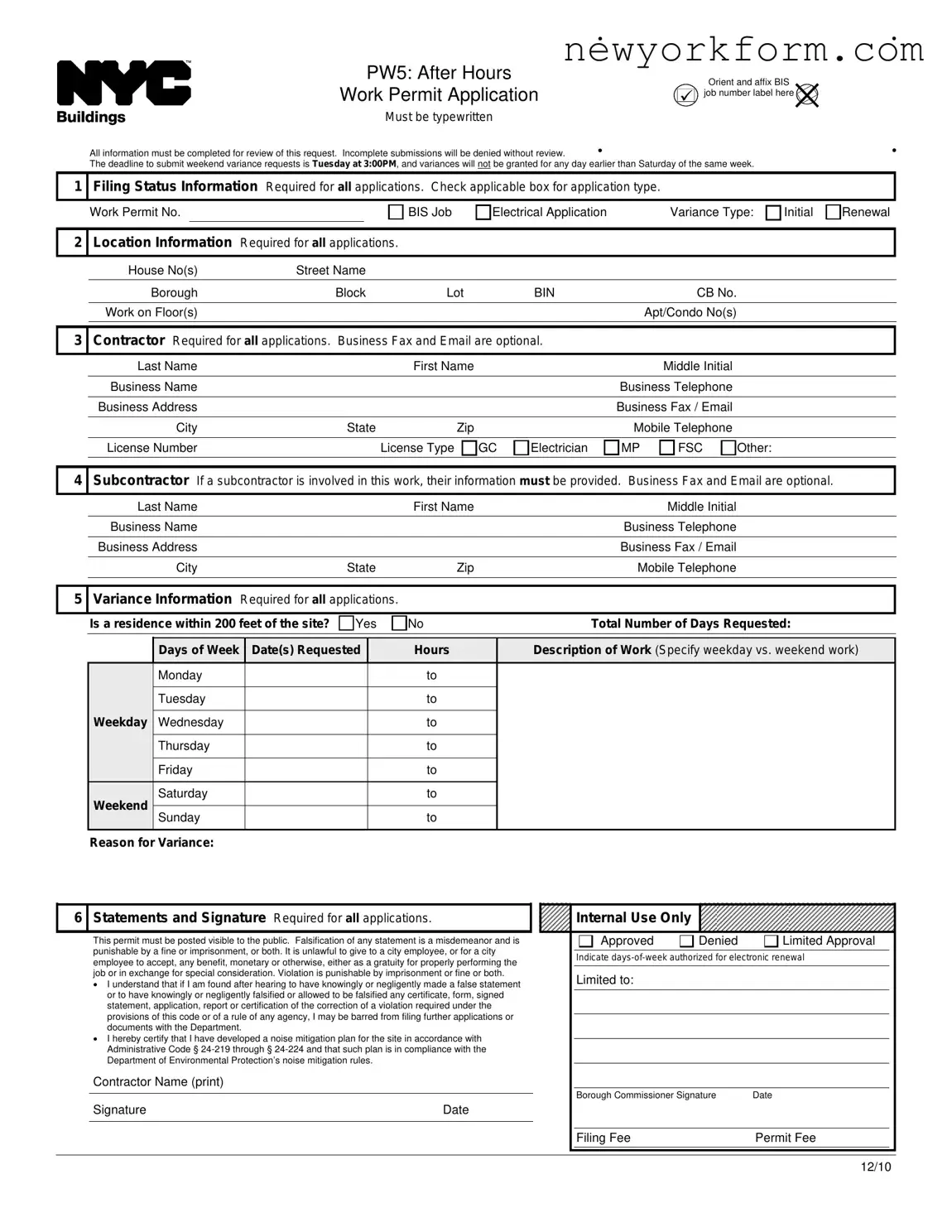 Free Nyc Pw5 Form in PDF