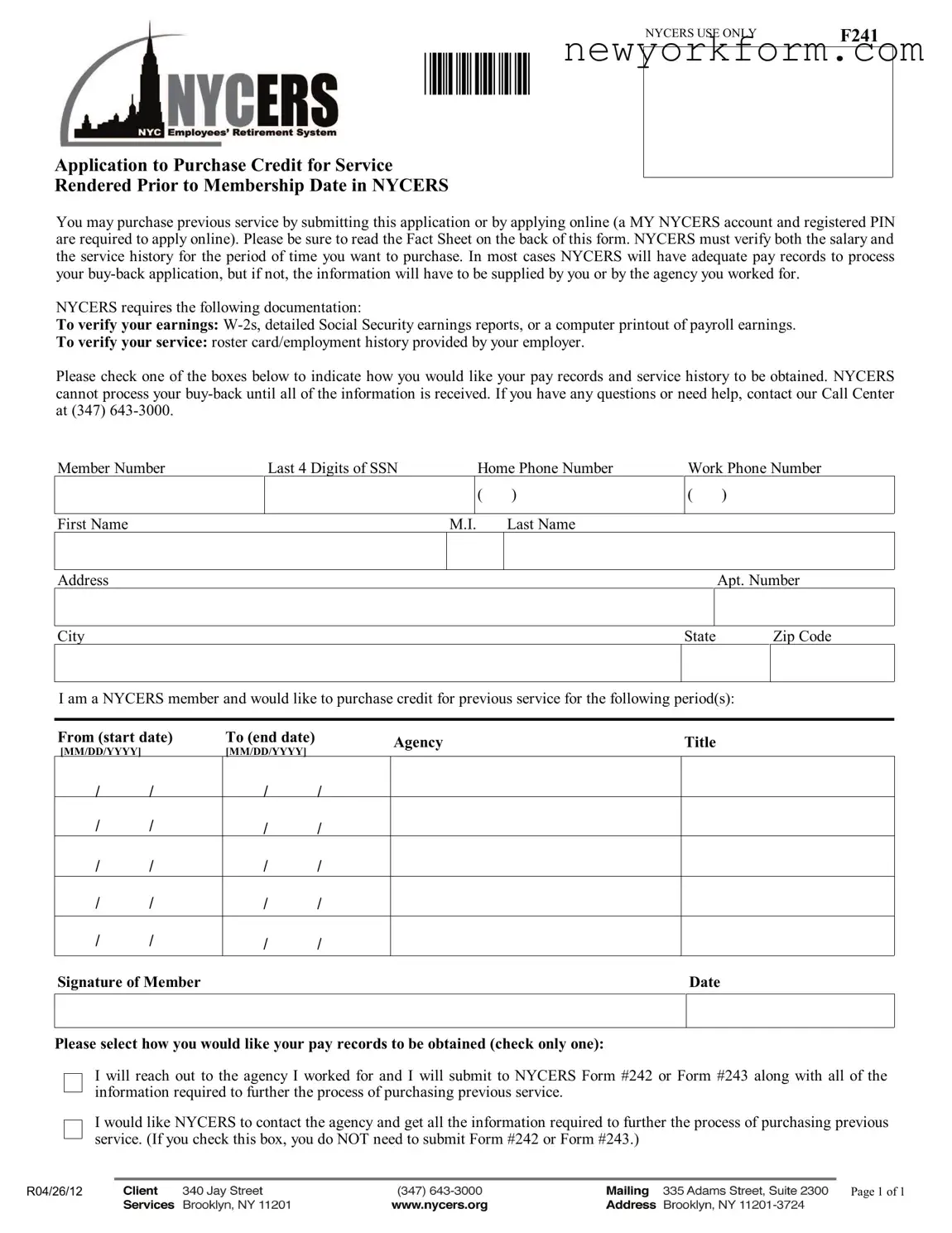 Free Nycers F241 Form in PDF