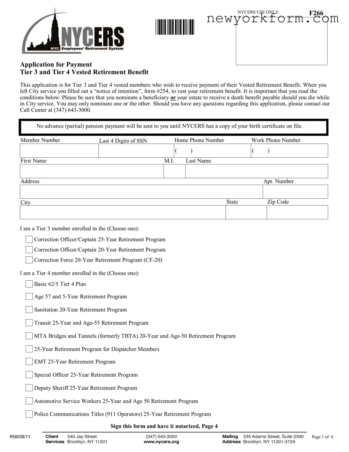 Free Nycers F266 Form in PDF