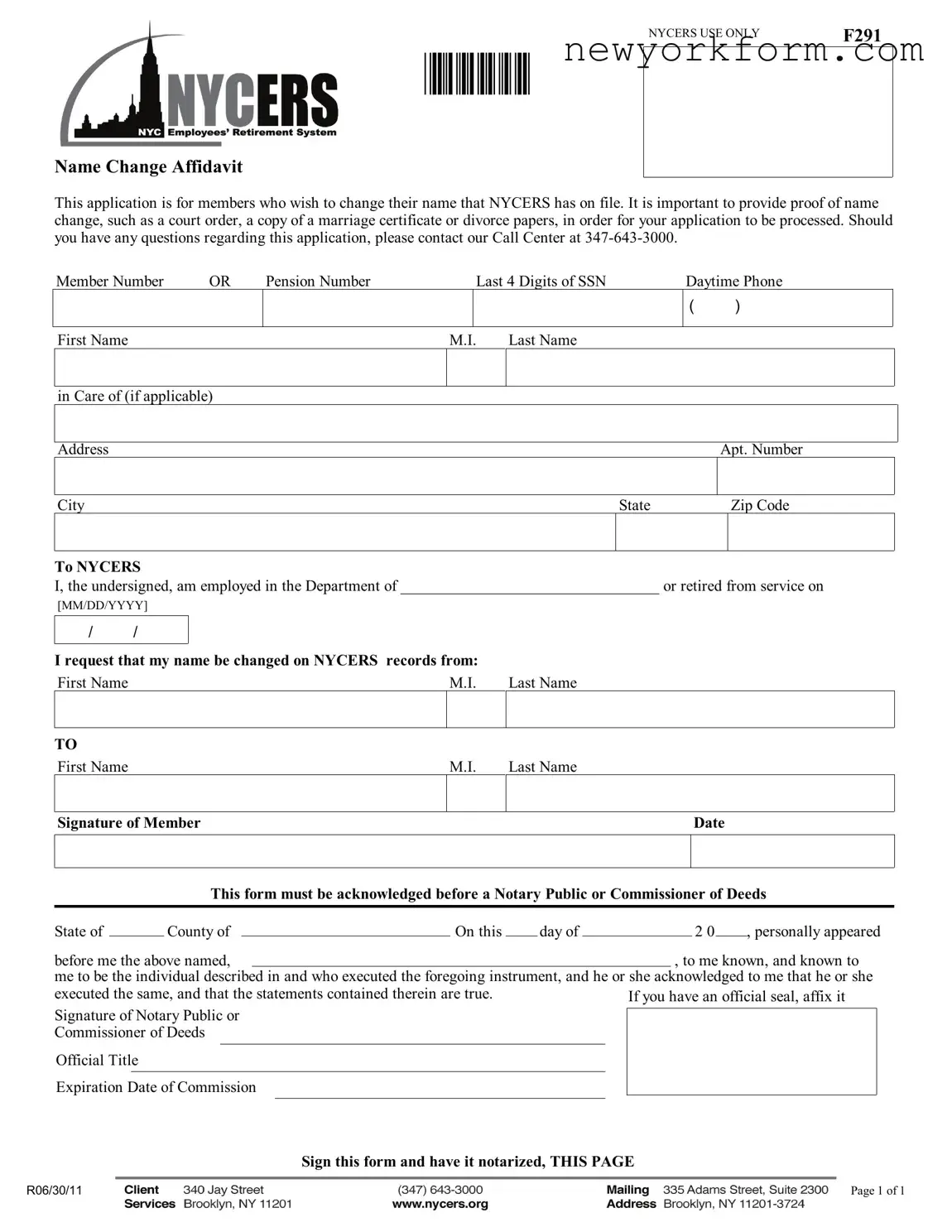 Free Nycers F291 Form in PDF