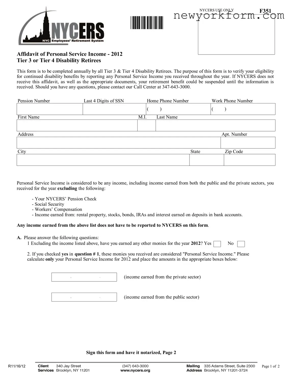 Free Nycers F351 Form in PDF