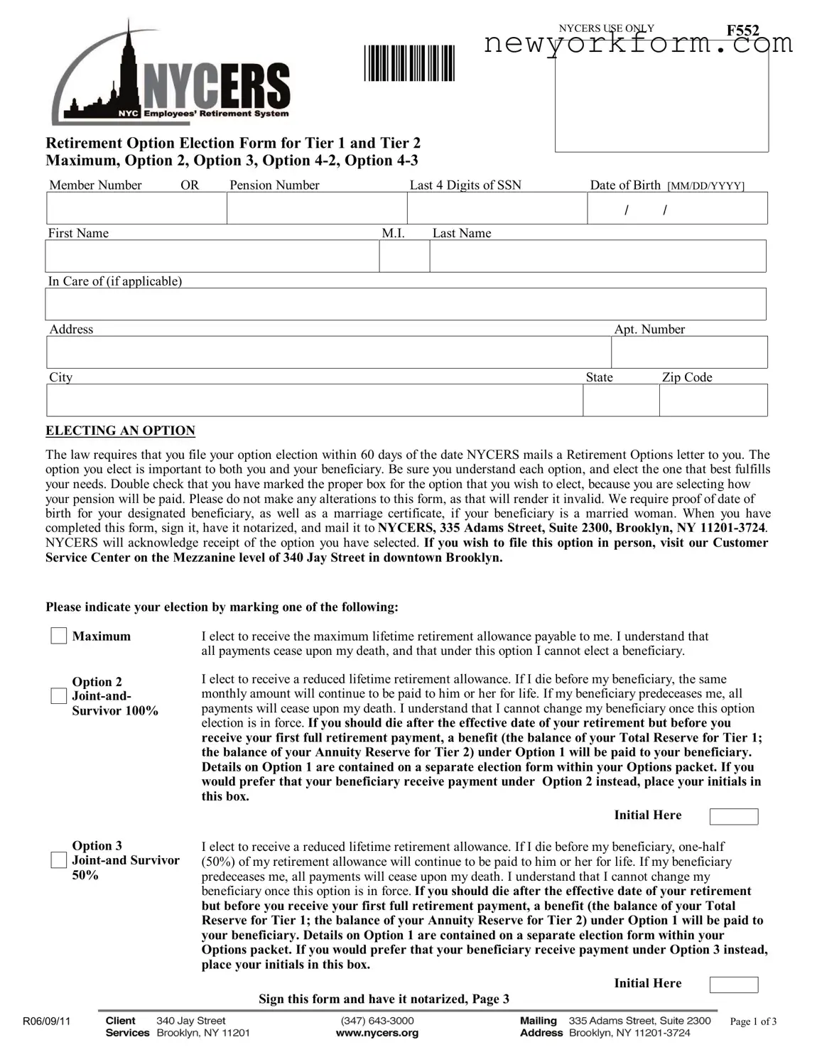 Free Nycers F552 Form in PDF