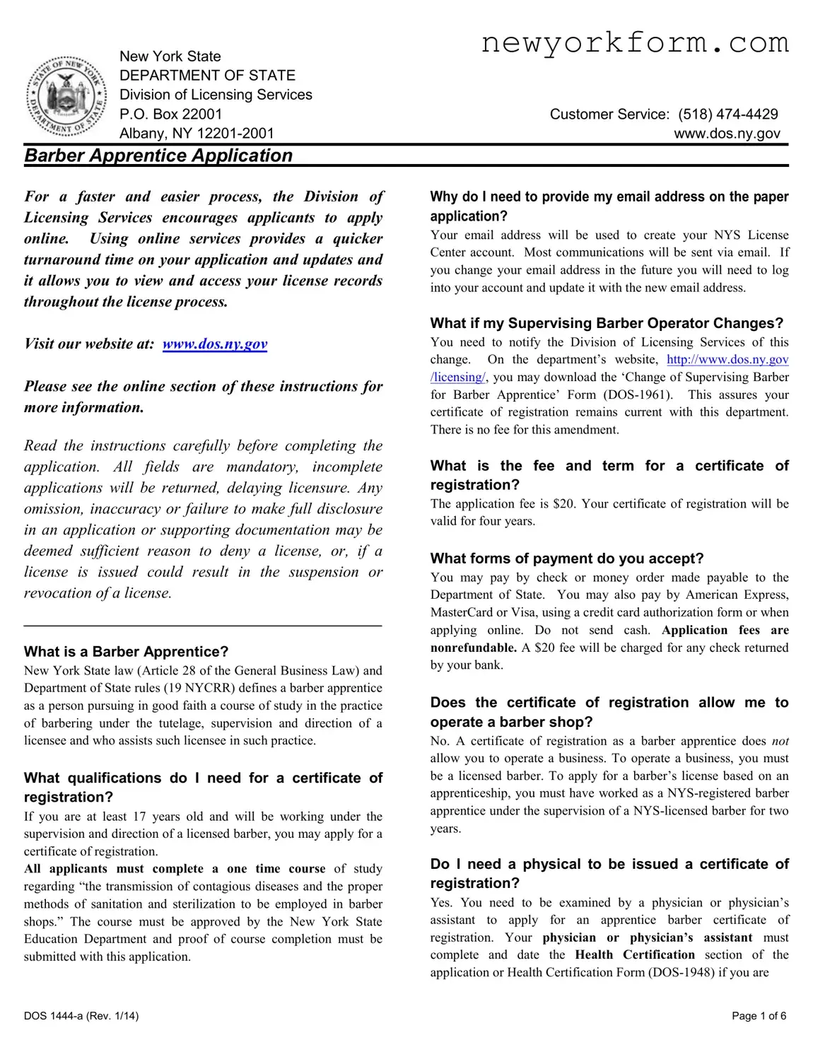 Free Nys Barber Apprentice Form in PDF