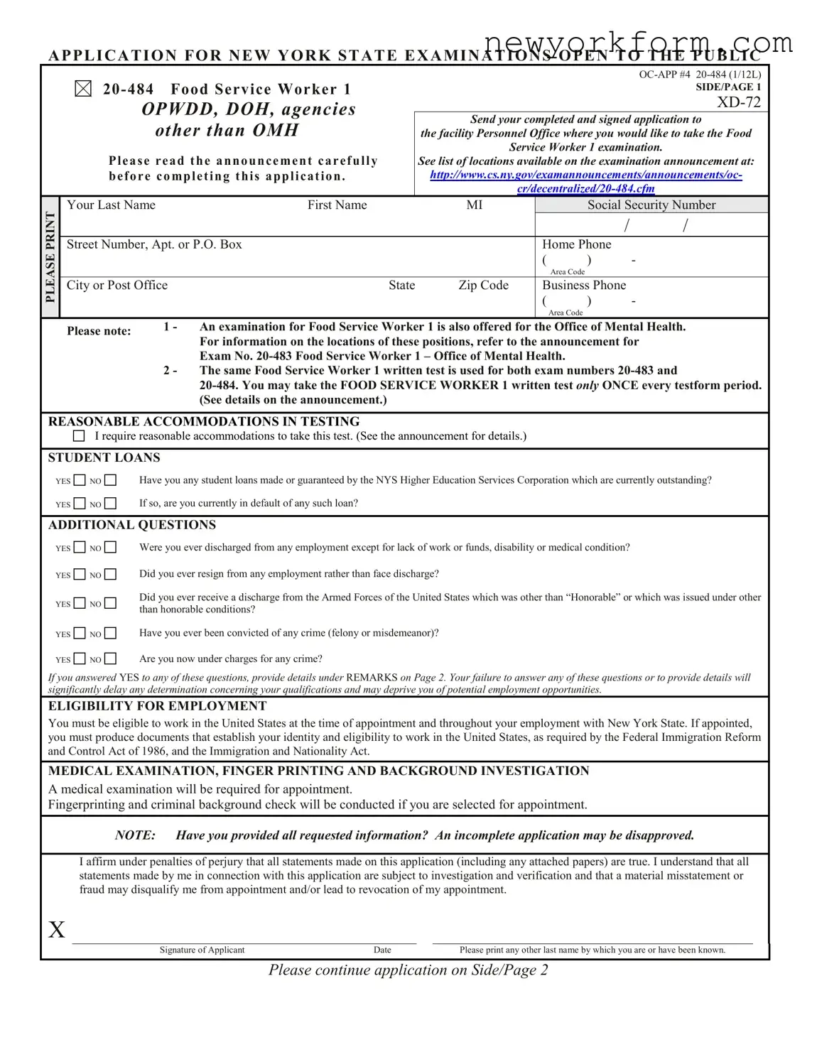 Free Nys Food Service Worker Form in PDF