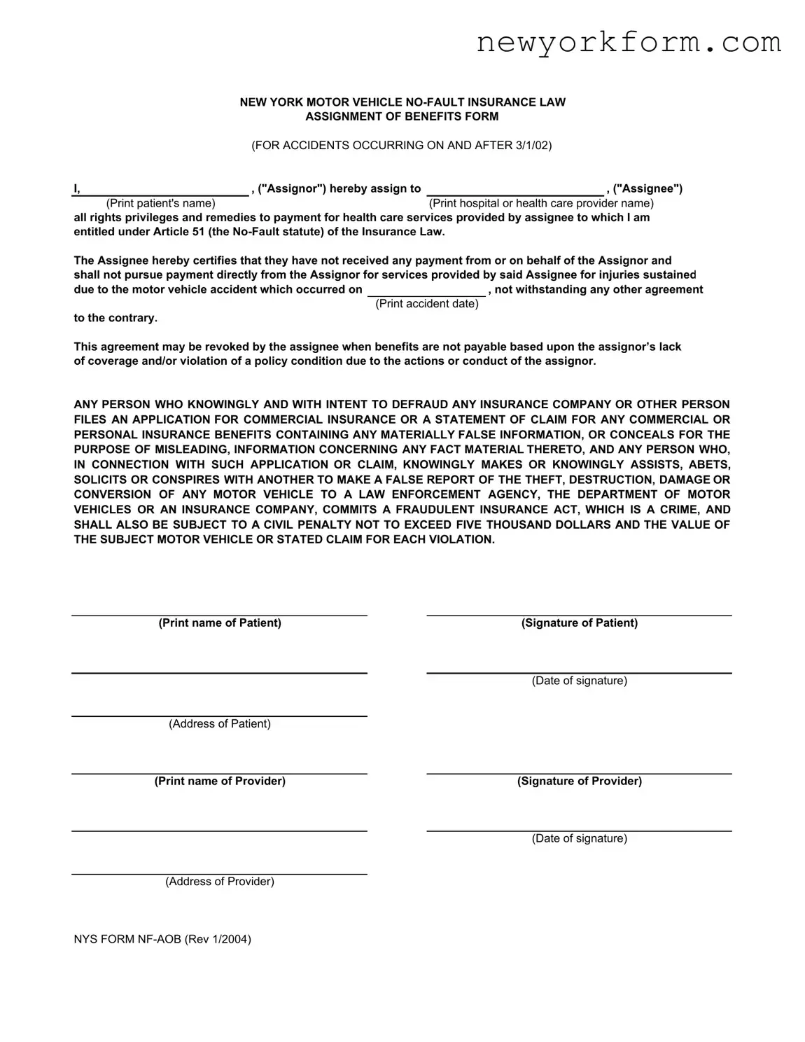 Free Nys Nf Aob Form in PDF