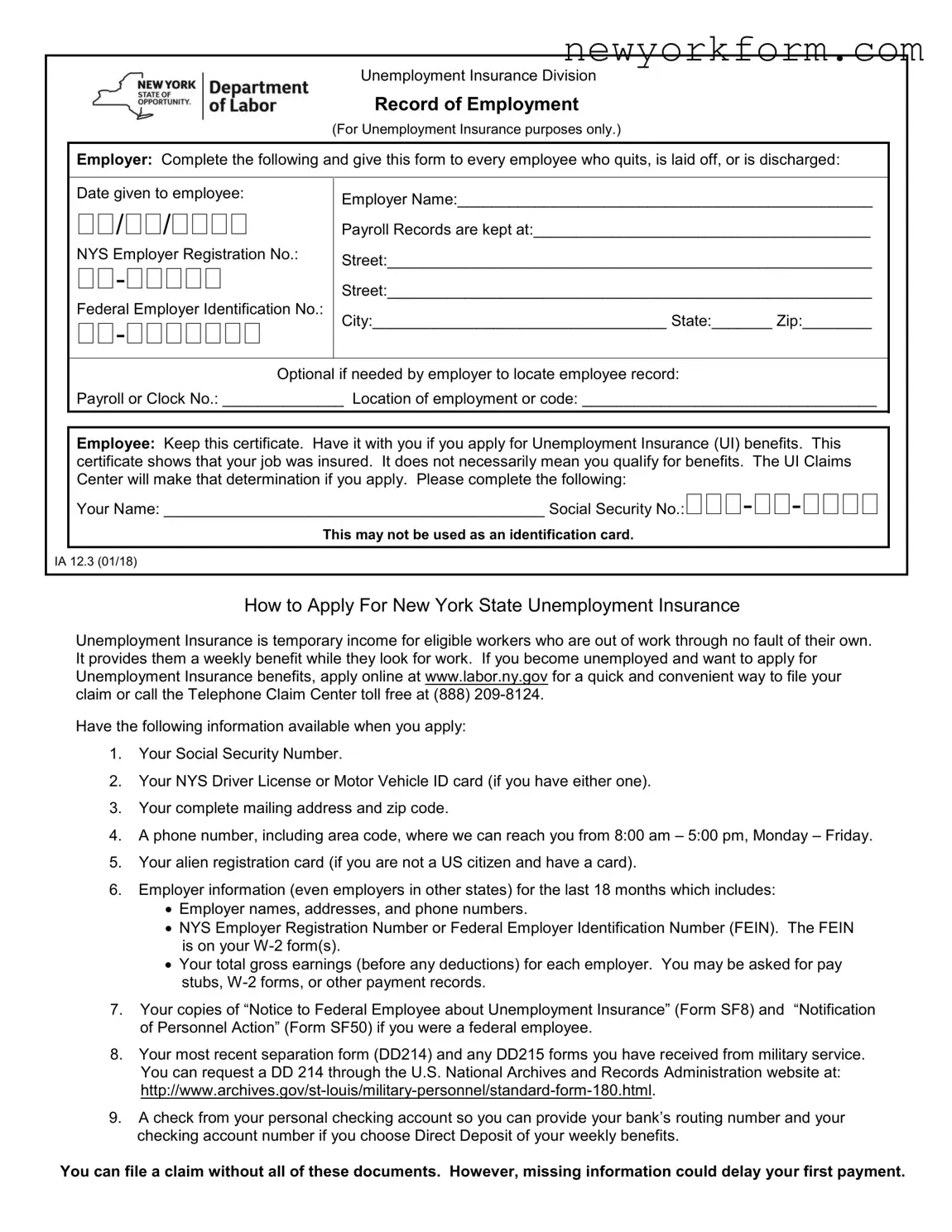 Free Nys Record Employment Form in PDF