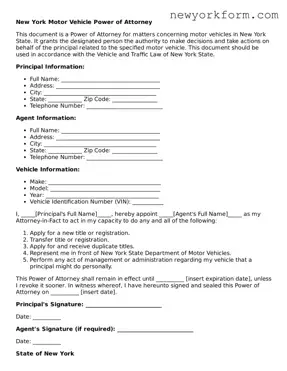 Motor Vehicle Power of Attorney Template for the State of New York