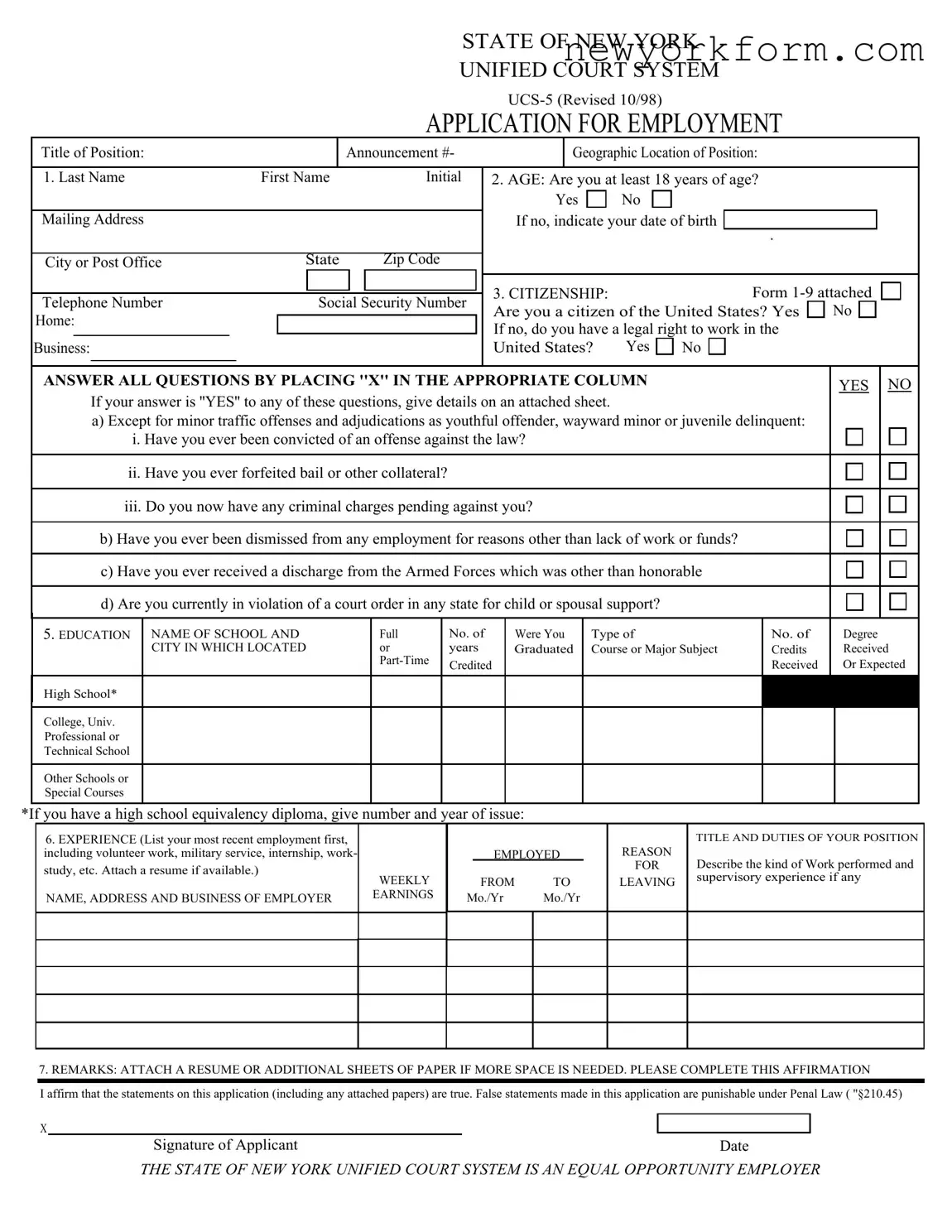 Free Ucs 5 New York Form in PDF